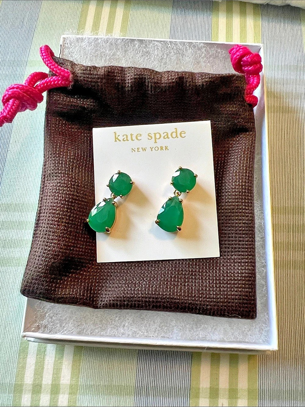 kate spade Green Crystal Double Drop Earrings Green & Gold Drop Earrings NWT